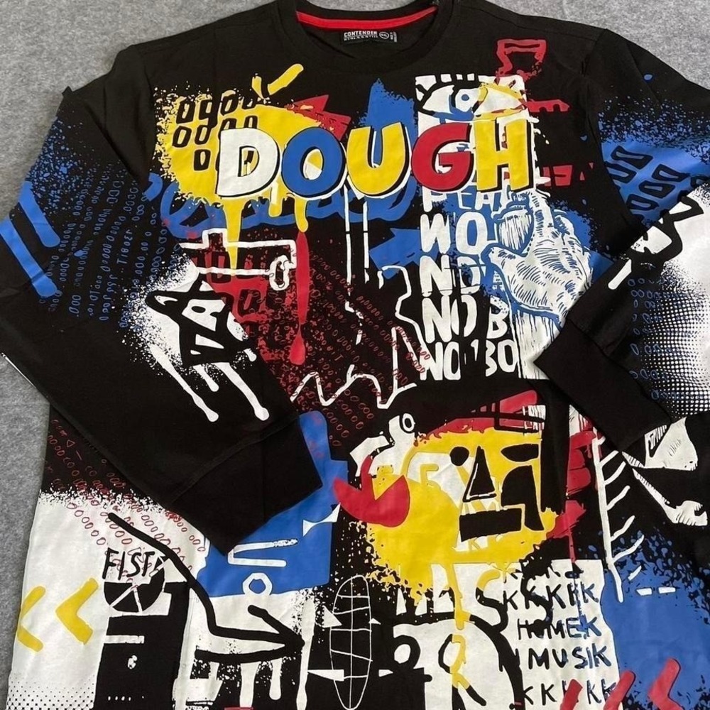 Contender Mens 4XL Long Sleeve Graphic Tee Black Graffiti Dough Streetwear Shirt